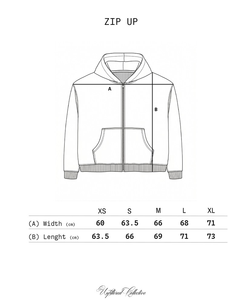 Jesus Zip Up (RESTOCK) size chart